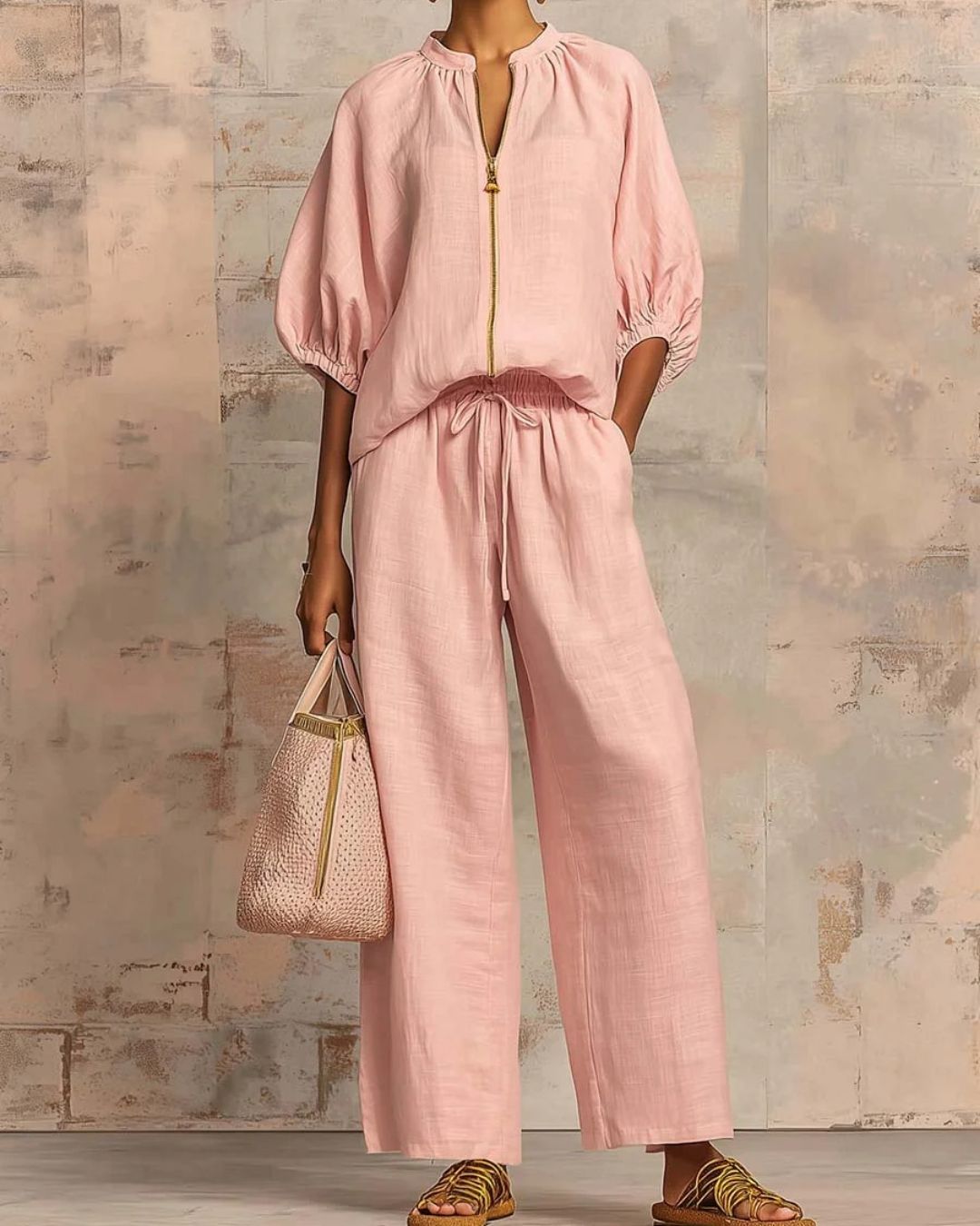 Curvvvy® Knitted Fabric Blouse And Long Pants Two-Piece Outfit With Flounce Sleeves