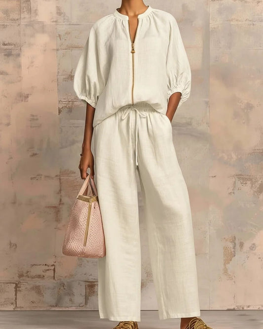 Curvvvy® Knitted Fabric Blouse And Long Pants Two-Piece Outfit With Flounce Sleeves