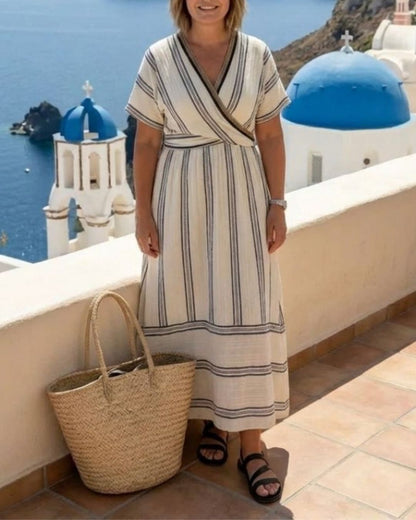 Curvvvy® V Neck Short Sleeve Wrap Waist Midi Dress