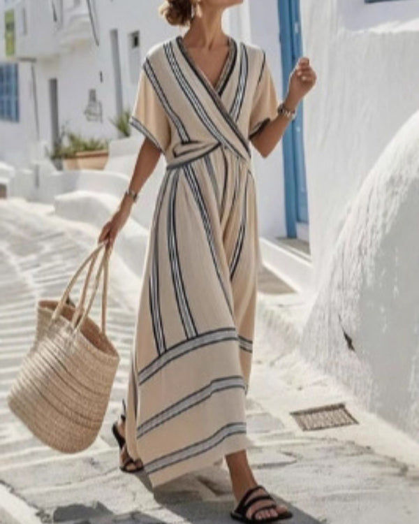 Curvvvy® V Neck Short Sleeve Wrap Waist Midi Dress