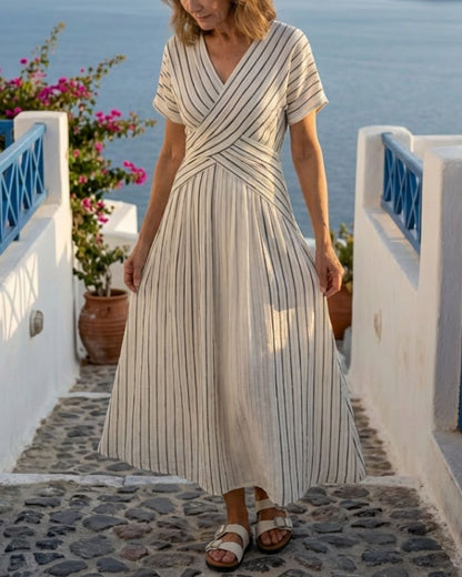 Curvvvy® V Neck Short Sleeve Cross Waist Midi Dress