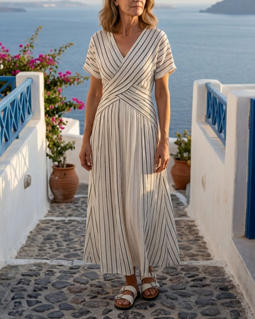 Curvvvy® V Neck Short Sleeve Cross Waist Midi Dress