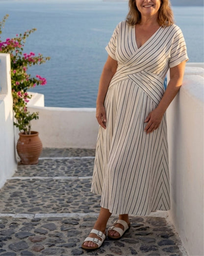 Curvvvy® V Neck Short Sleeve Cross Waist Midi Dress