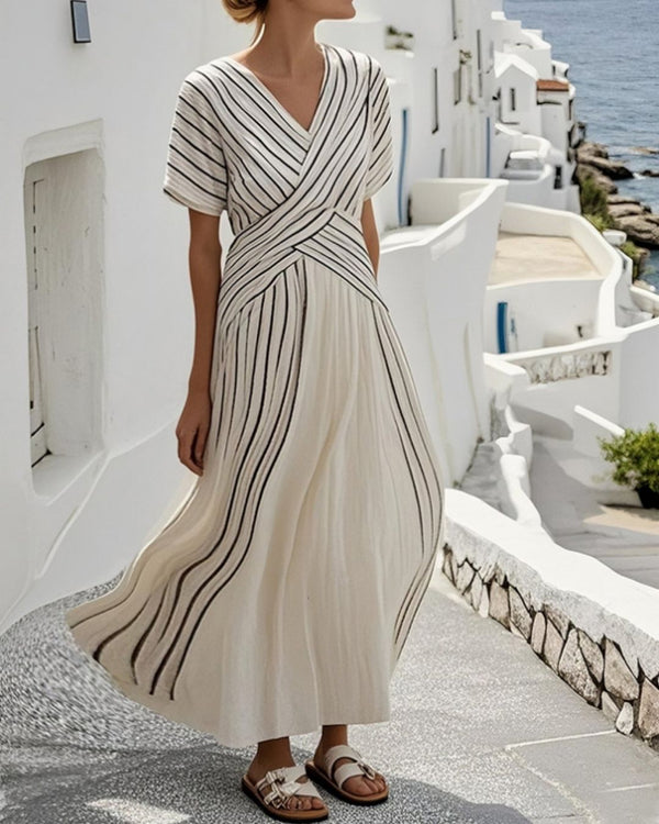 Curvvvy® V Neck Short Sleeve Cross Waist Midi Dress