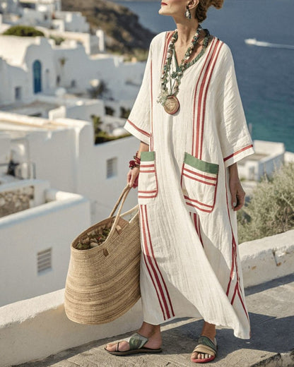 Curvvvy® V-Neck Kaftan Maxi Dress with Stripe Detai