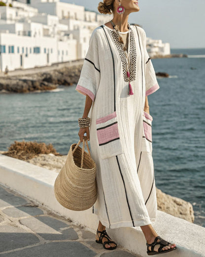 Curvvvy® V-Neck Kaftan Maxi Dress with Black Stripe Detai