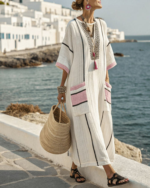 Curvvvy® V-Neck Kaftan Maxi Dress with Black Stripe Detai