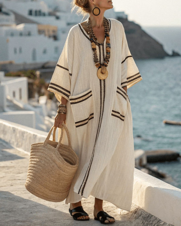 Curvvvy® V-Neck Kaftan Maxi Dress with Black Stripe Detai