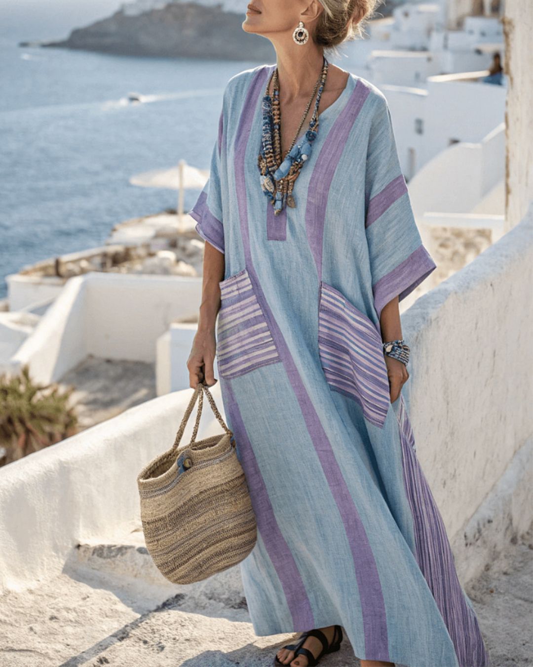 Curvvvy® V-Neck Kaftan Maxi Solid Dress with Stripe Detai