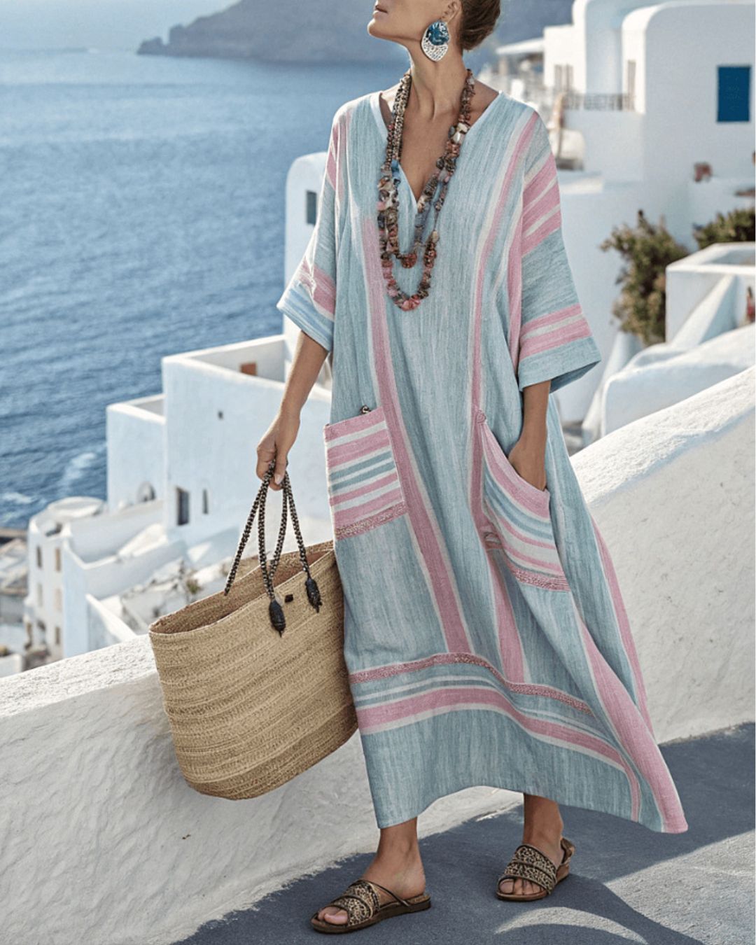 Curvvvy® V-Neck Kaftan Maxi Solid Dress with Stripe Detai