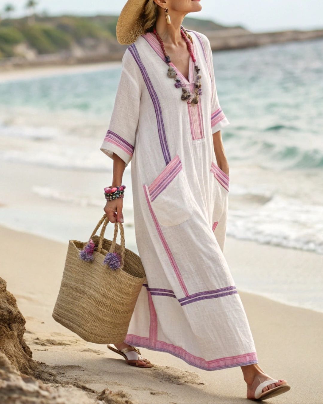 Curvvvy® V-Neck Kaftan Maxi Dress with Pink Stripe Detai