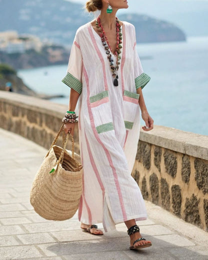Curvvvy® V-Neck Kaftan Maxi Dress with Pink Stripe Detai