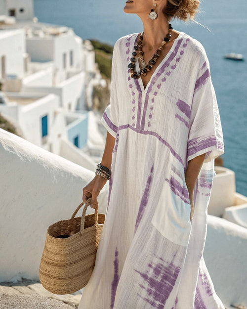 Curvvvy® V-Neck Kaftan Maxi Dress with Tie-dye Detai