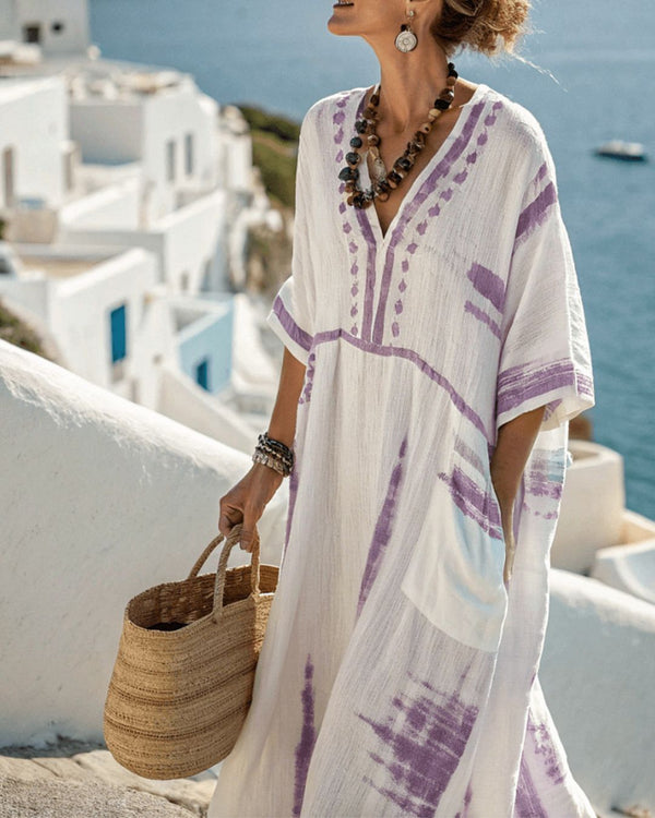 Curvvvy® V-Neck Kaftan Maxi Dress with Tie-dye Detai