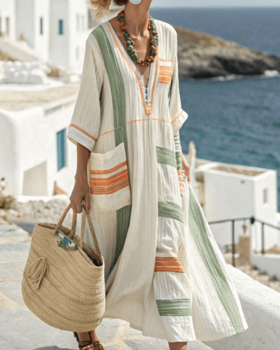 Curvvvy® V-Neck Kaftan Maxi Dress with Green Orange Stripe Detai