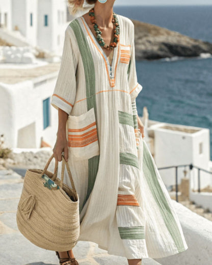 Curvvvy® V-Neck Kaftan Maxi Dress with Green Orange Stripe Detai