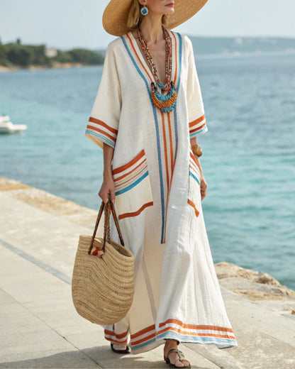 Curvvvy® V-Neck Kaftan Maxi Dress with Blue Orange Stripe Detai
