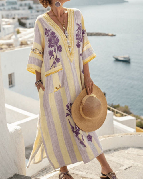 Curvvvy® V-Neck Kaftan Maxi Dress with Flower Detai