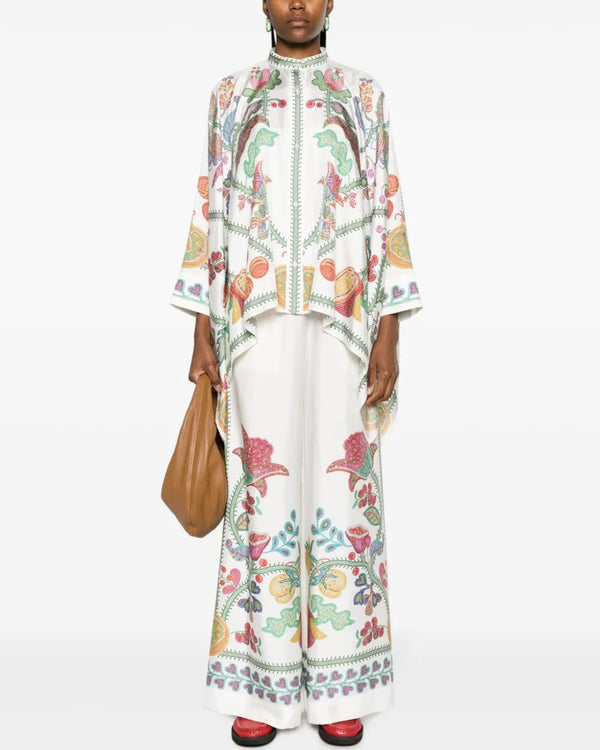 Curvvvy® Grenadilla Print Silk-Twill Blouse Flowy Loose-Cut Sleeves Italian Elegant Set