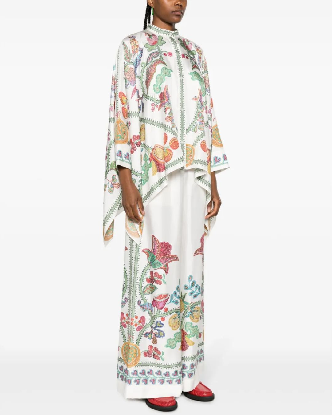 Curvvvy® Grenadilla Print Silk-Twill Blouse Flowy Loose-Cut Sleeves Italian Elegant Set