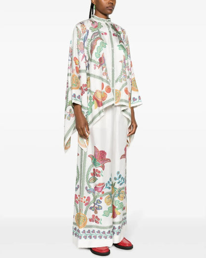 Curvvvy® Grenadilla Print Silk-Twill Blouse Flowy Loose-Cut Sleeves Italian Elegant Set
