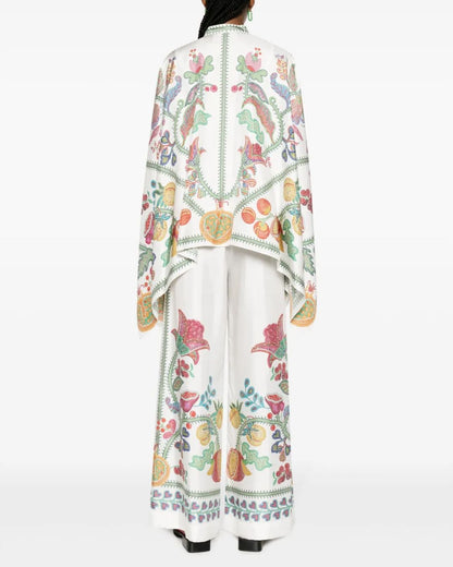Curvvvy® Grenadilla Print Silk-Twill Blouse Flowy Loose-Cut Sleeves Italian Elegant Set