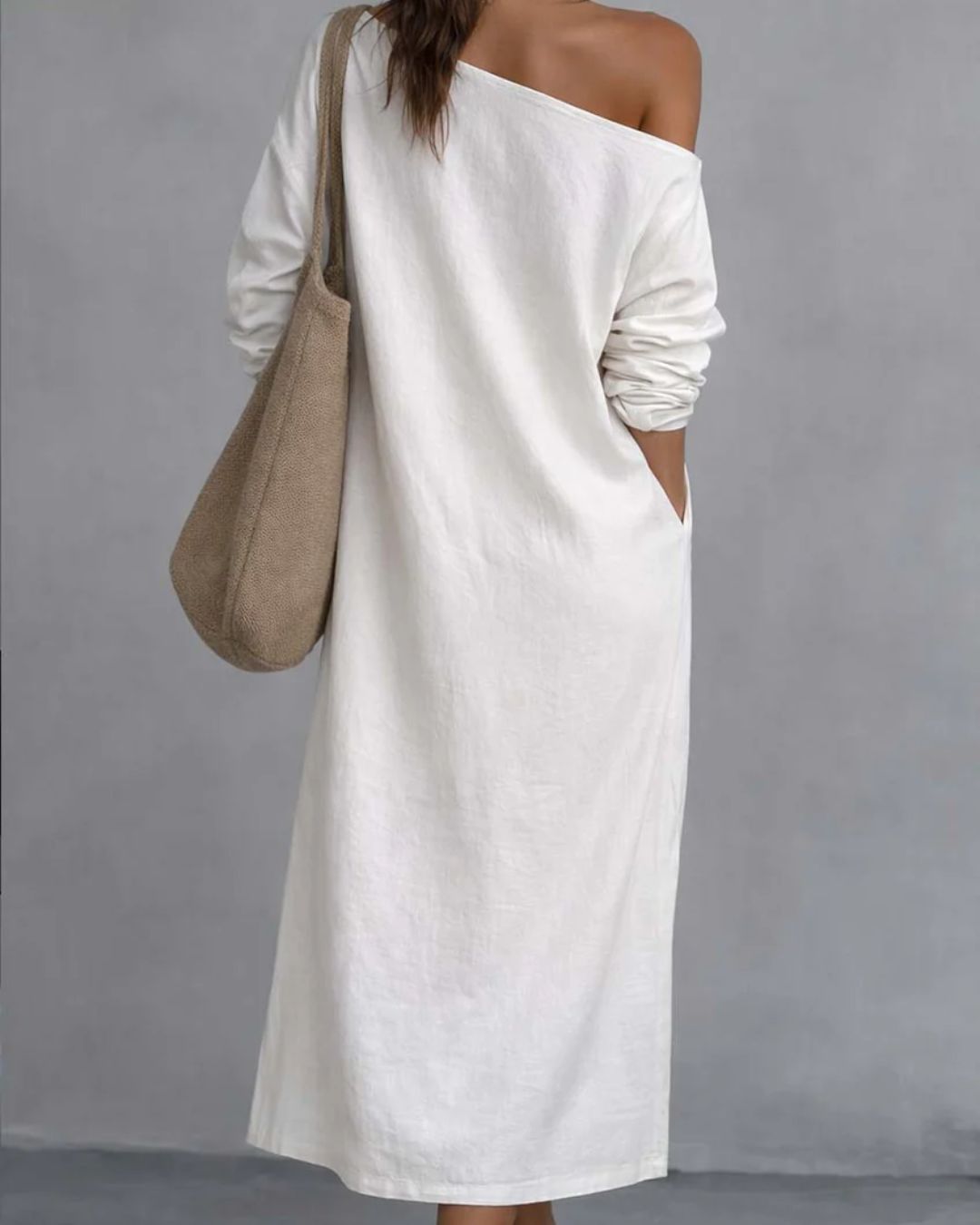 Curvvvy® Loose-fitting One Shoulder Split Hem Cotton Linen Midi Dress