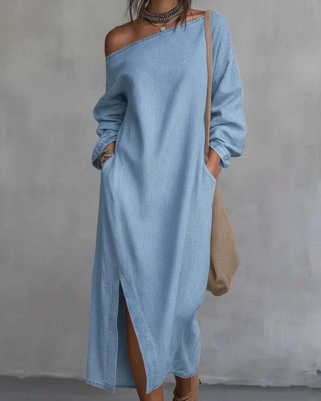 Curvvvy® Loose-fitting One Shoulder Split Hem Cotton Linen Midi Dress