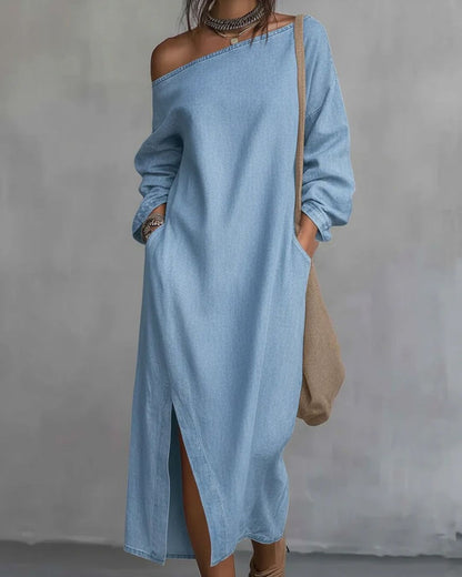 Curvvvy® Loose-fitting One Shoulder Split Hem Cotton Linen Midi Dress