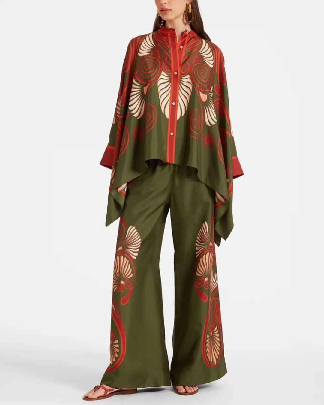Curvvvy® Kerylos Placée Dark Green Twill Silk Blouse Peacock Wing Print Elegant Flowy Set