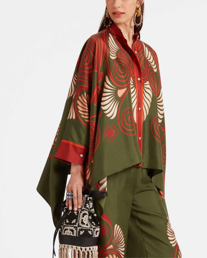 Curvvvy® Kerylos Placée Dark Green Twill Silk Blouse Peacock Wing Print Elegant Flowy Set