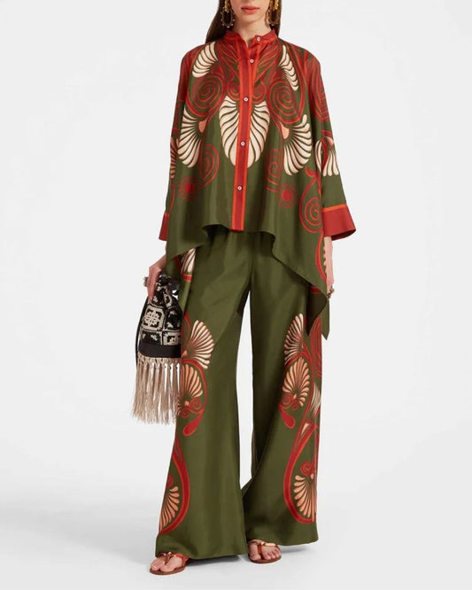 Curvvvy® Kerylos Placée Dark Green Twill Silk Blouse Peacock Wing Print Elegant Flowy Set