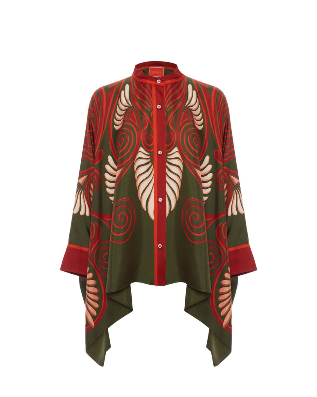 Curvvvy® Kerylos Placée Dark Green Twill Silk Blouse Peacock Wing Print Elegant Flowy Set