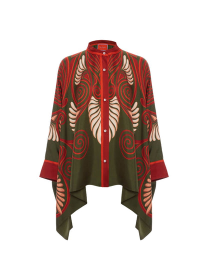 Curvvvy® Kerylos Placée Dark Green Twill Silk Blouse Peacock Wing Print Elegant Flowy Set