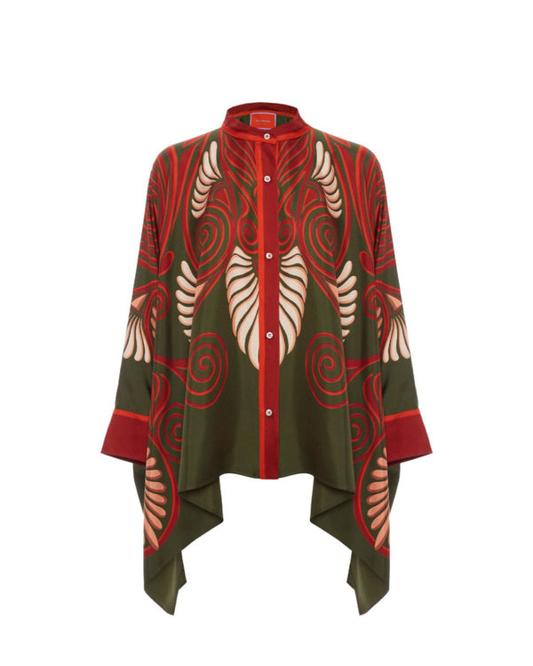 Curvvvy® Kerylos Placée Dark Green Twill Silk Blouse Peacock Wing Print Elegant Flowy Set
