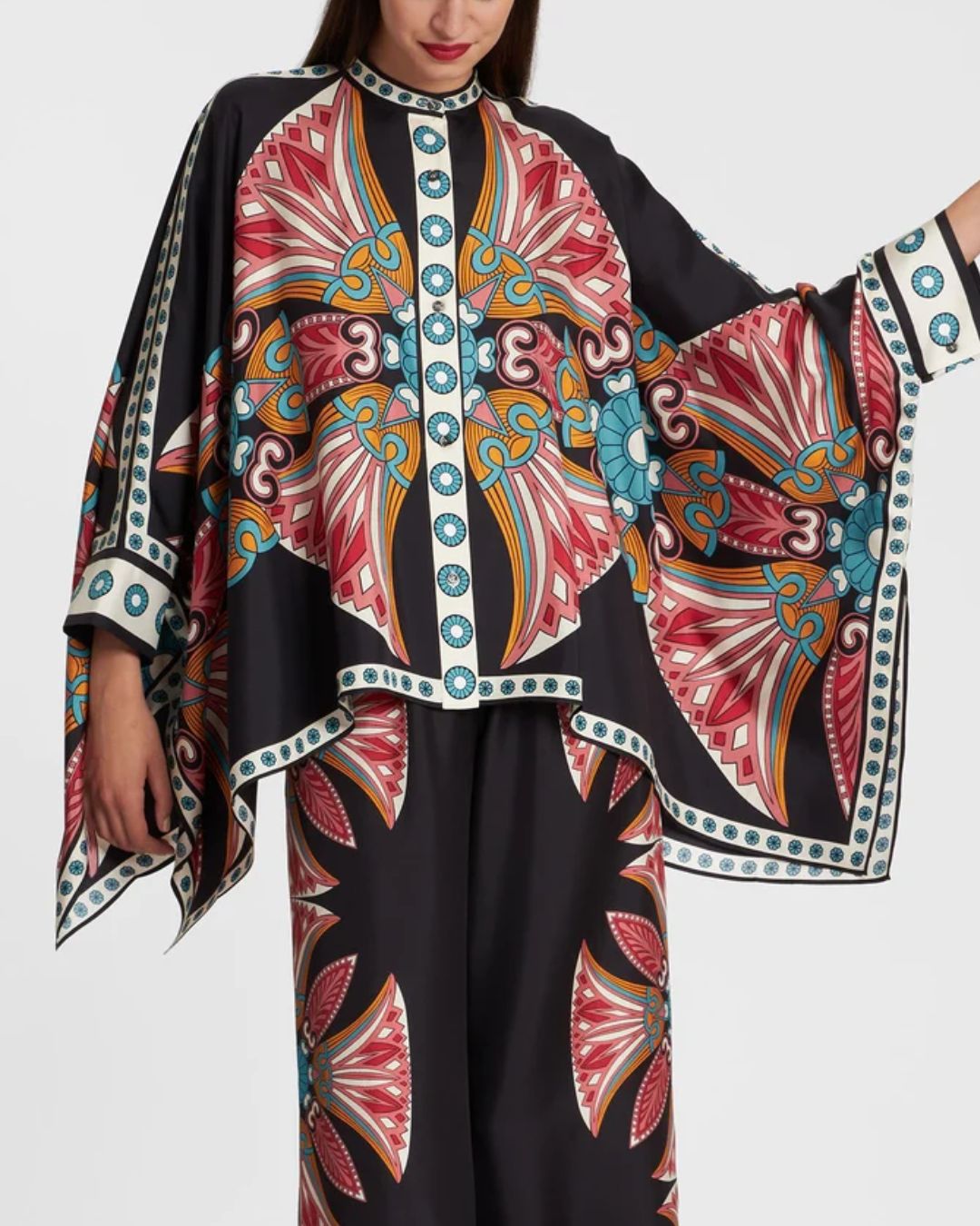 Curvvvy® Lotus Placée Pink Twill Foulard Shirt Elegant Lotus Print Blouse Set