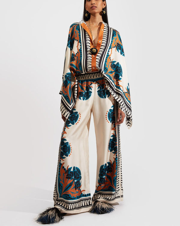Curvvvy® Ivory and Teal Printed Elegant Flowy Caftan Set
