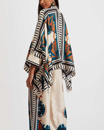 Curvvvy® Ivory and Teal Printed Elegant Flowy Caftan Set