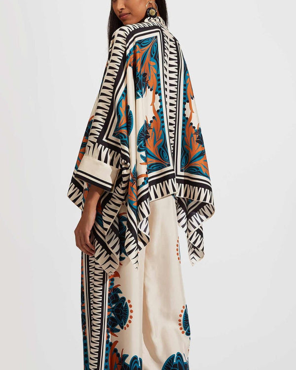Curvvvy® Ivory and Teal Printed Elegant Flowy Caftan Set