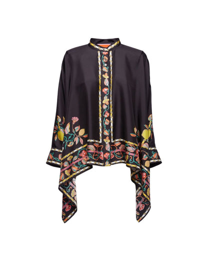 Curvvvy® Borboni Placée Nero Twill Blouse Vintage Baroque Print Elegant Flowy Set