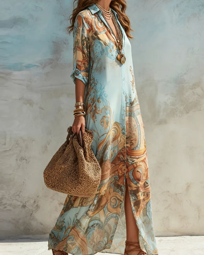 Curvvvy® Baroque Style Floral Blue Chiffon Maxi Dress
