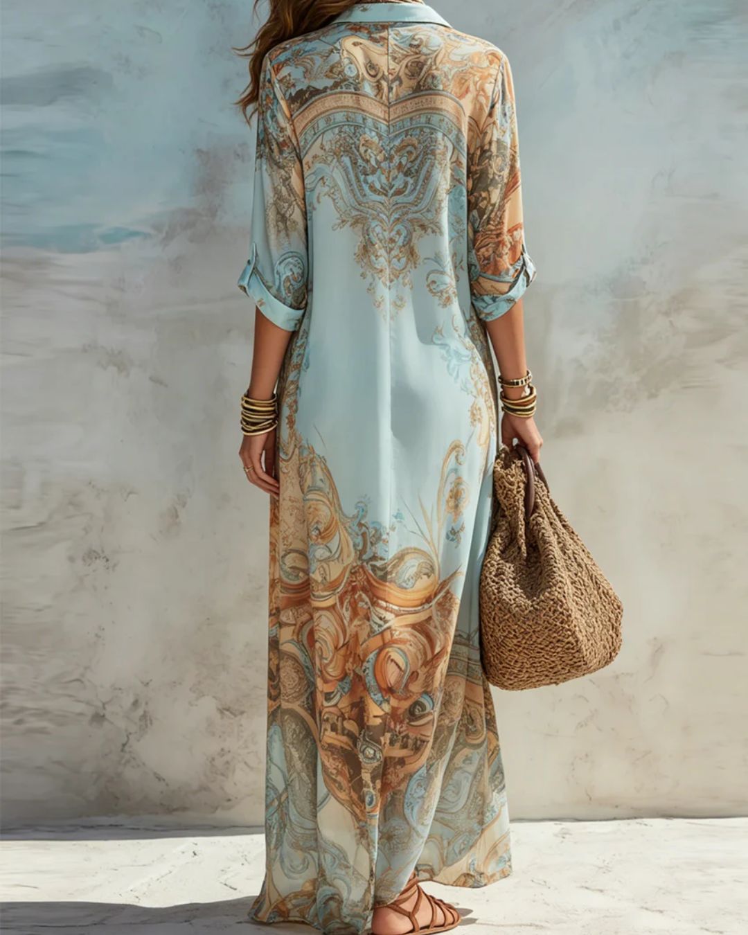 Curvvvy® Baroque Style Floral Blue Chiffon Maxi Dress