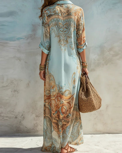 Curvvvy® Baroque Style Floral Blue Chiffon Maxi Dress