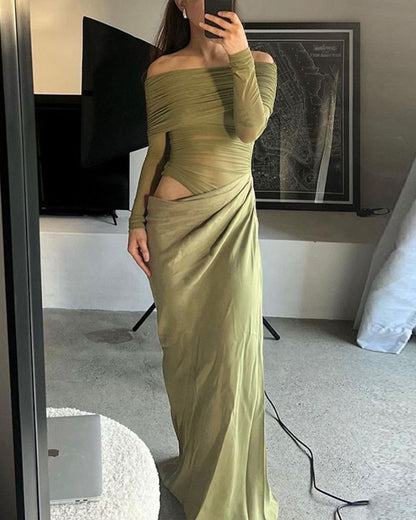 Curvvvy® Elegant Long Sleeve Off Shoulder Ruched Sheer Mesh Dress