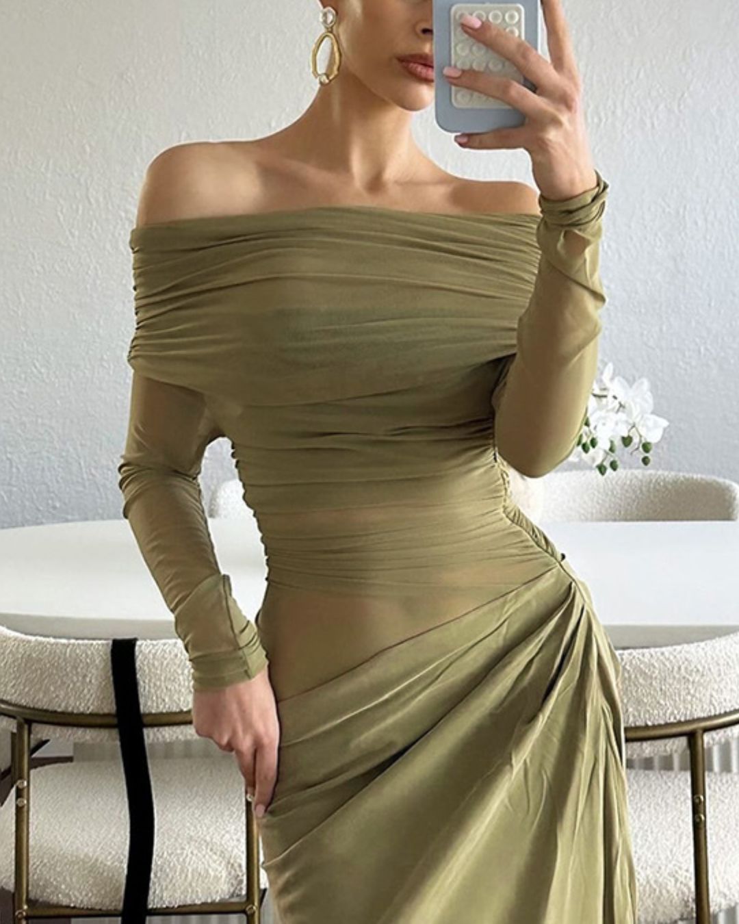 Curvvvy® Elegant Long Sleeve Off Shoulder Ruched Sheer Mesh Dress