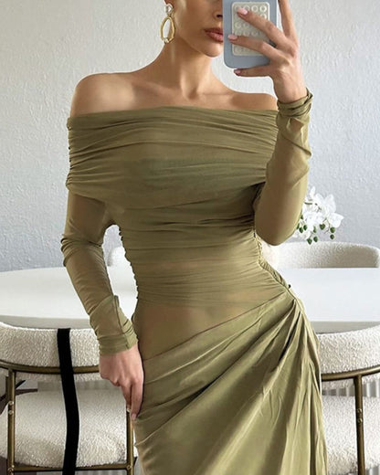Curvvvy® Elegant Long Sleeve Off Shoulder Ruched Sheer Mesh Dress