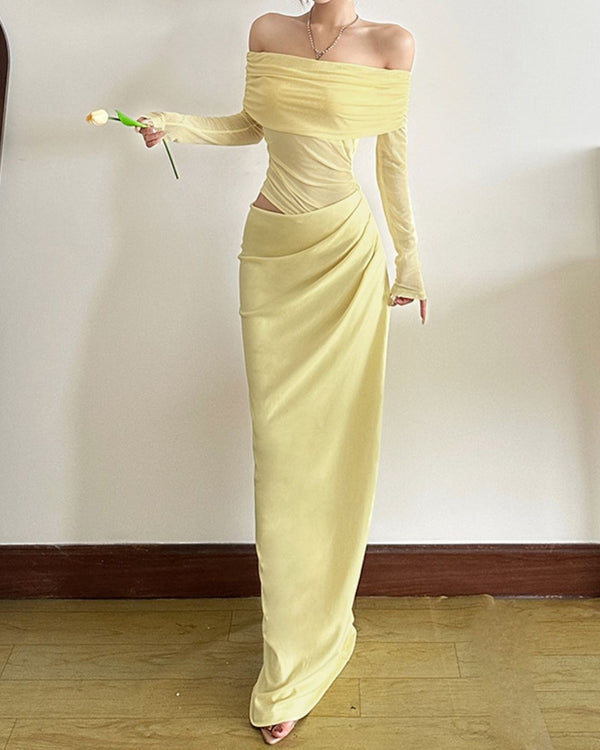 Curvvvy® Elegant Long Sleeve Off Shoulder Ruched Sheer Mesh Dress