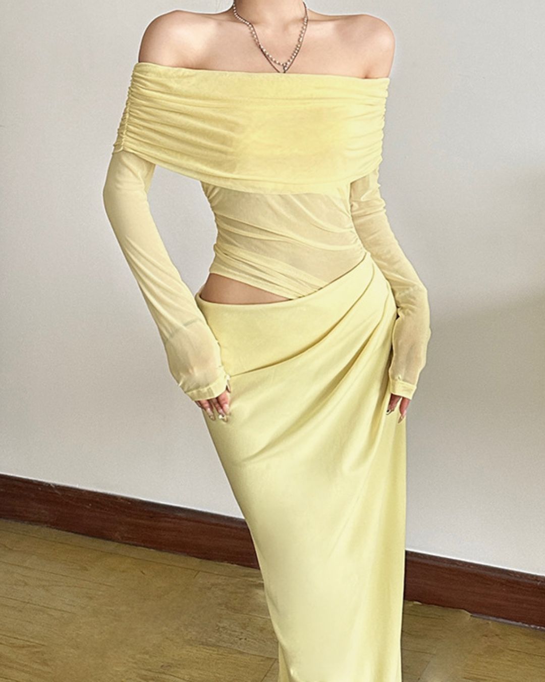 Curvvvy® Elegant Long Sleeve Off Shoulder Ruched Sheer Mesh Dress