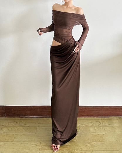 Curvvvy® Elegant Long Sleeve Off Shoulder Ruched Sheer Mesh Dress