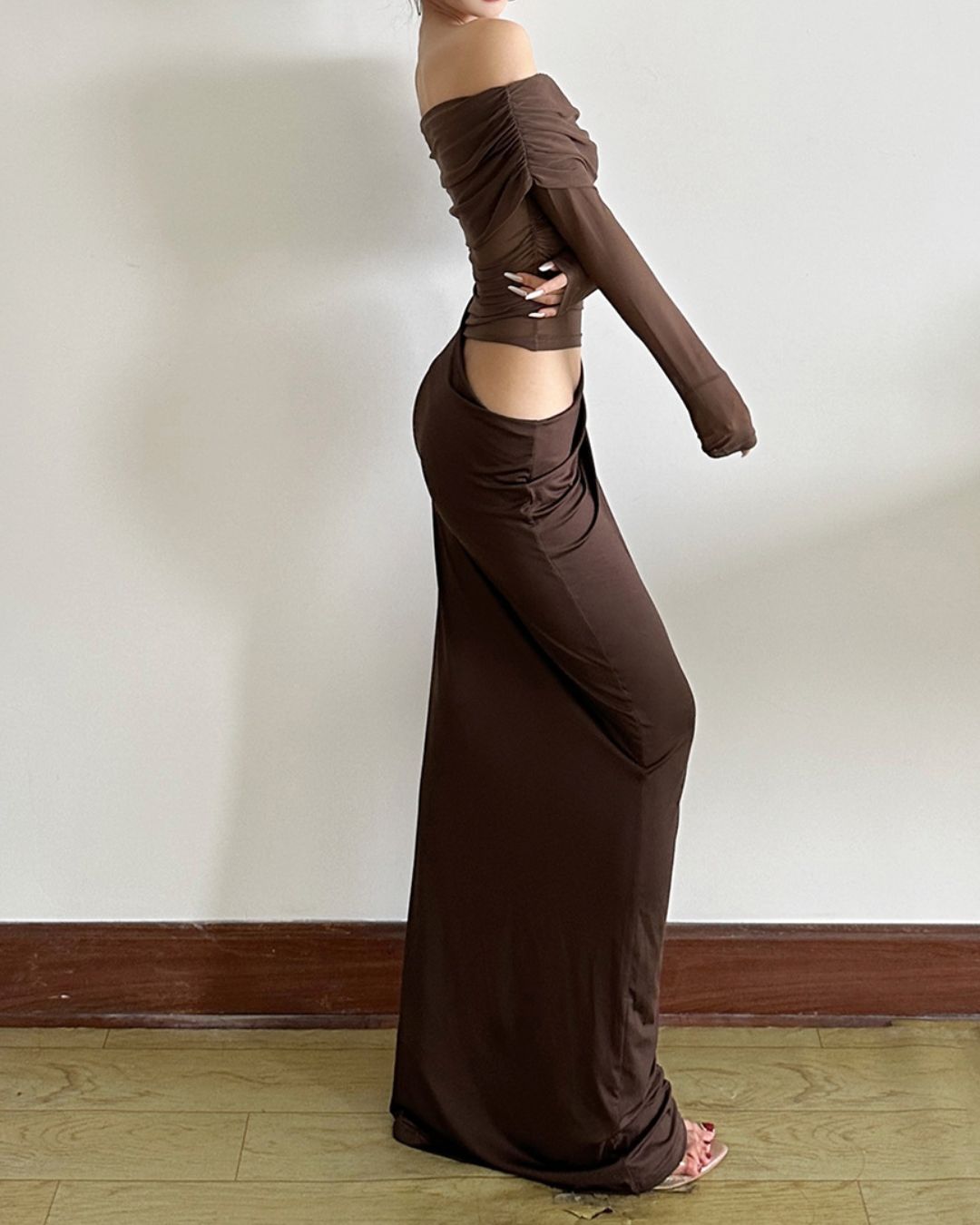 Curvvvy® Elegant Long Sleeve Off Shoulder Ruched Sheer Mesh Dress